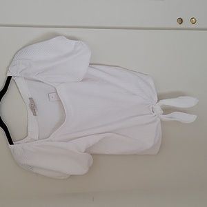 LOFT White Textured Tie-Front Puff Sleeve Top